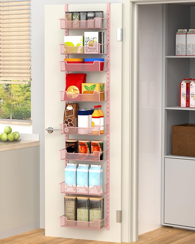 VyGrow 12.3" W Narrow Over the Door Pantry Organizer, 8-Tier Over the Door Organizer with Adjustable Basket, Pantry Door Organization for Pantry Kitchen Storage Room Spice Rack, Pink by VyGrow
