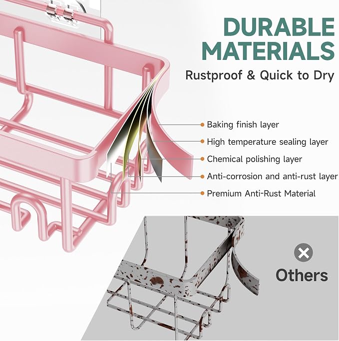 Veken Large Capacity Shower Caddy 6-Pack, No Drilling & Rustproof, Adhesive Shower Shelves with Soap Holder, Bathroom Organizers and Storage, Wall-Mounted Kitchen & Home Decor, Pink - Image 4