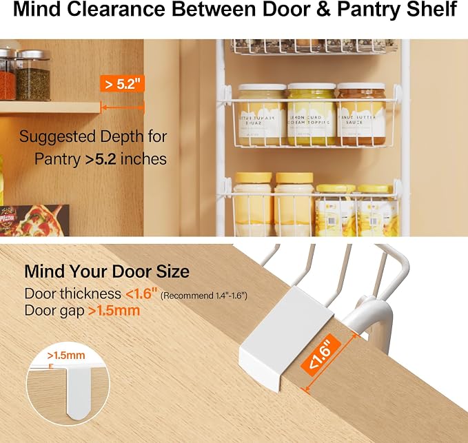 Delamu Narrow Over The Door Pantry Organizer, 8-Tier Metal Pantry Door Organization and Storage for Easy Install, Hanging Spice Rack Shelves, Door Organizer for Kitchen, 4.65"D x 13"W x 65"H, White - Image 3