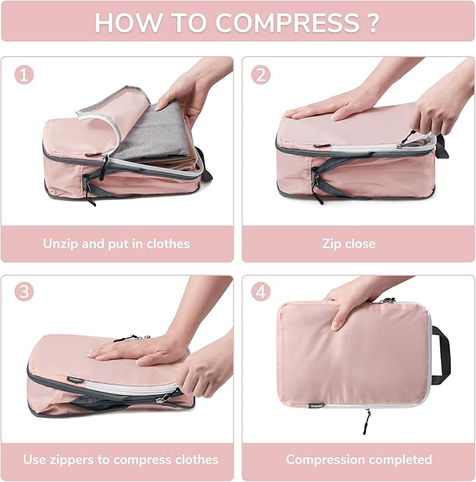 7 Set Compression Travel Packing Cubes, Travel Essentials, Pink | Travel Essentials for Suitcase, Luggage Organizer Bags for Travel with Shoe Bag,Packing Cubes for Travel Women - Image 3