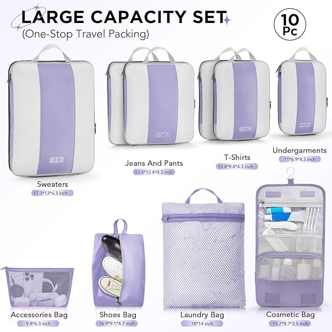 OlarHike 10 Set Compression Packing Cubes for Travel Essentials,Compressible Expandable Space Saver Bags for Organizing Clothes,Luggage Suitcase Garment Bags with Over 1000 pcs Mesh Holes(Purple Gray) - Image 2