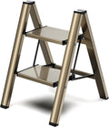 2 Step Ladder, Foldable Aluminum Step Stool with Anti-Slip Pedal | Lightweight yet Sturdy, Portable, Non Slip Feet, 300Lbs Capacity, Elegant Look, for Kitchen, Closet, Pantry, Champagne Gold by GameGem