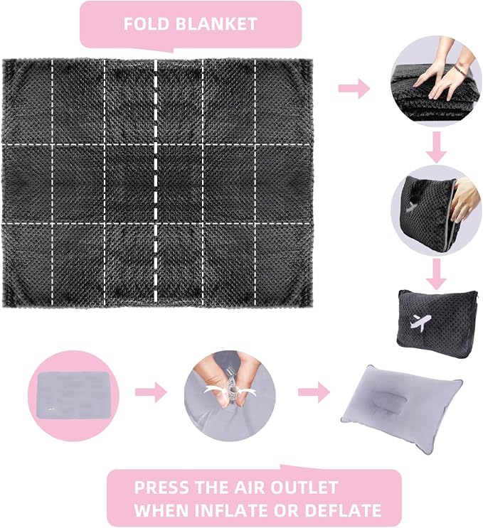 3 in 1 Travel Blanket Pillow Set - 350 GSM Thick Travel Blanket Airplane Compact with Bag, Soft Bag with a Pocket, Inflatable Travel Pillow for Camping & Car Trip (Dark Grey) - Image 6