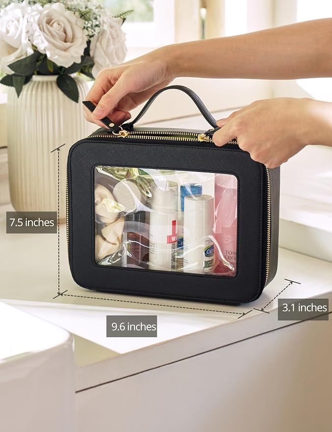 Large Capacity Clear Toiletry Bag for Women Travel Makeup Bag Black | Structured Mahjong Tile Bag with Zipper and Handle, Big Long-trip Cosmetic Case, Waterproof PU Leather, Wide Open Portable - Image 3