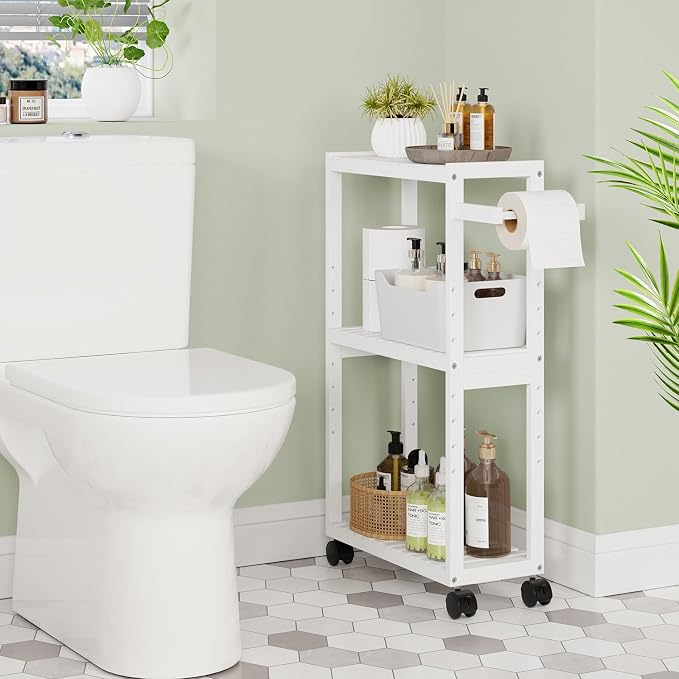 RRX Bamboo Rolling Cart, Slim 3-Tier Standing Shelf Units on Wheels(White) | Bamboo Shelves Utility, Storage Corner Shelf Cabinet for Narrow Space, Toilet Paper Organizer for Bathroom, Kitchen - Image 2