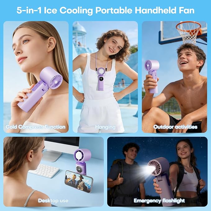 6000mAh Portable Handheld Fan with Ice Cooling, 199 Levels Stepless Speed, 20H Long Battery Life, 20000RPM Turbo Fan Rechargeable Personal Mini Fan for Travel, Outdoor, Makeup (Purple) - Image 6