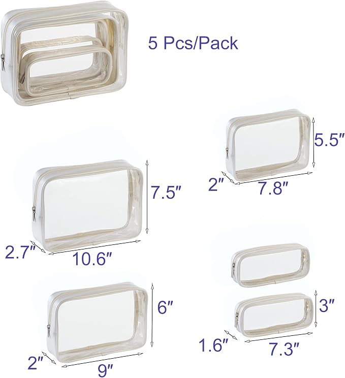 Remobia Hicol TSA Approved 5-Piece Diaper Bag Organizer Pouch Set Clear Waterproof TPU Kids Toiletry Storage Set Travel Packing Clutch Cube Bags for Baby Nursing(Pearl White Leather) - Image 2