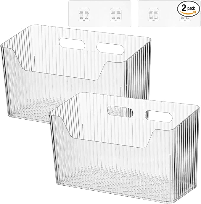 2 Pcs Plastic Adhesive Inside Cabinet Door Organizer - Clear Adhesive Basket Wall Storage with Strong Adhesive, Kitchen Adhesive Cabinet Door Storage Bins, Organizer Basket, 7.9 x 3.5 x 5.7 in by OMISTAR