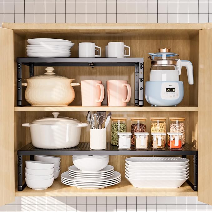Cabinet Shelf,Expandable Adjustable Stackable Kitchen Organizer,for cabinets, Kitchens, countertops, bathrooms Shelf Organizer (2Packs/Black,Medium) - Image 8
