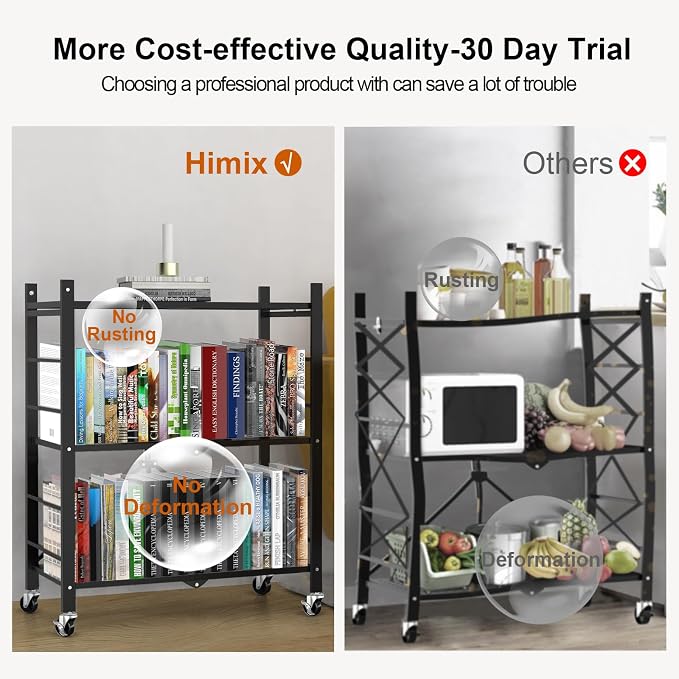 Himix 3 Tier Foldable Storage Shelf with Wheels 6 Hooks No Assembly Black | Metal collapsible organization, Folding shelves rack, Wire shelving, Unit rolling cart, Kitchen, Garage, Holds 792 Ibs - Image 7
