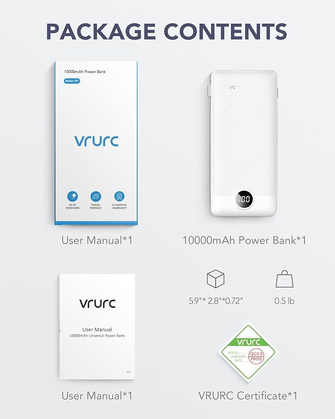 VRURC 3-in-1 Portable Charger, Built-in Cord & Foldable Wall AC Plug-White | 10000mAh Portable Power Bank, Travel Battery Pack for Smartphones, USB-C Emergency External Charger for Trip- (1 PACK) - Image 7