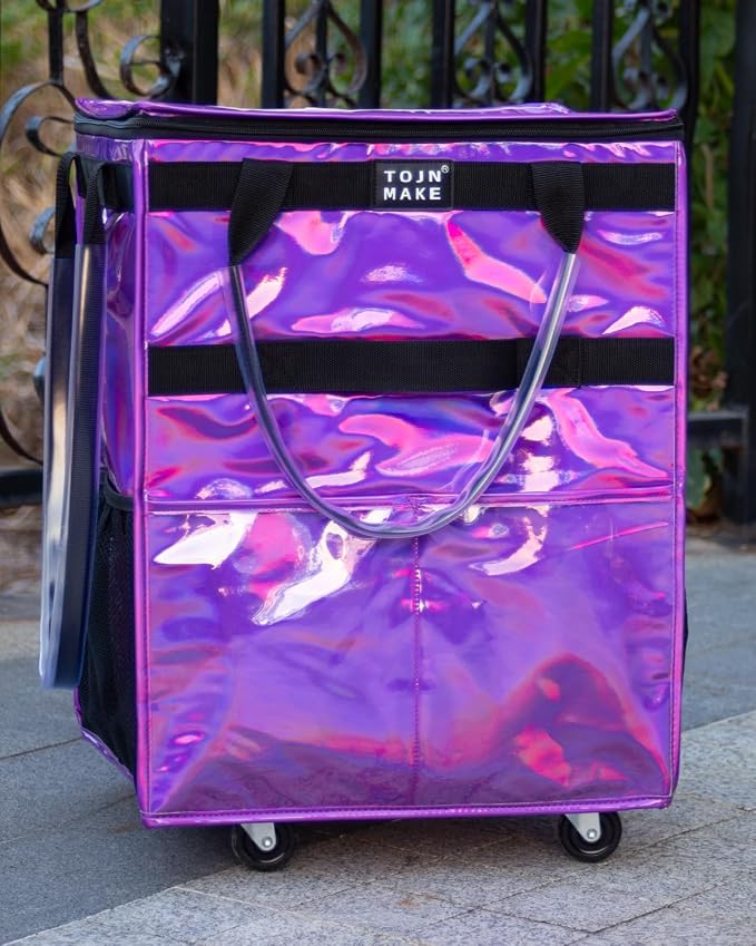 Reusable Grocery Bag with Wheels, Medium Glitter Purple Rolling Tote - Image 5