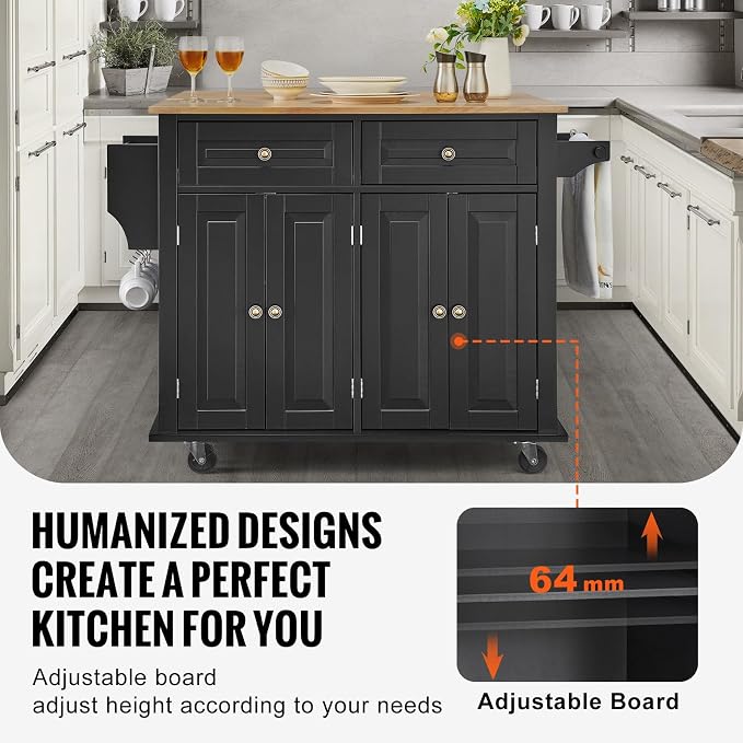VEVOR Kitchen Island Cart, 35" Wood Top Mobile Carts with Storage Cabinet, Rolling Table with Drop Leaf, Spice Rack, Towel Bar, Adjustable Shelf, Drawer, and Hooks, Portable Islands on Wheels, Black | Rolling Table with Drop Leaf, Spice Rack, Towel Bar... - Image 7