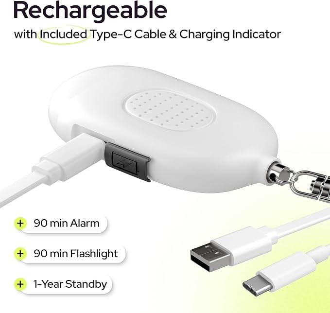Rechargeable Personal Alarm Keychain, 130dB Siren, LED Light, White | Stylish Personal Safety Alert for Women to Carry, Panic Button Alarm for Security - Image 4