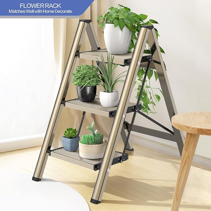 3 Step Ladder, Folding Step Stool with Anti-Slip Wide Pedal | Lightweight, Aluminum Material, 330LBS Load, Portable, Easy Storage, Space Saving, for Kitchen, Bedroom Use, Gold - Image 4