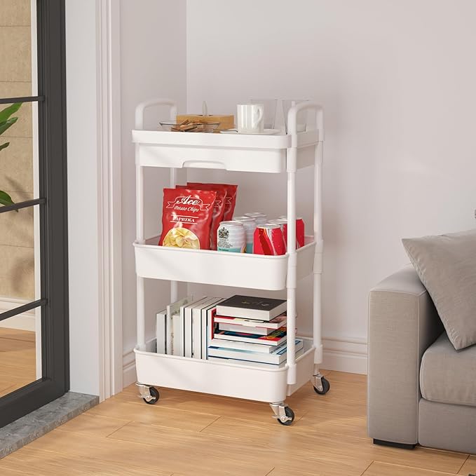 Calmootey 3-Tier Utility Cart with Drawer & Wheels, Storage for Home,Office | Space-Saving Organizer, Sturdy Plastic Shelves, Smooth-Rolling Metal Wheels, Built-in Drawer for Small Items, White - Image 4