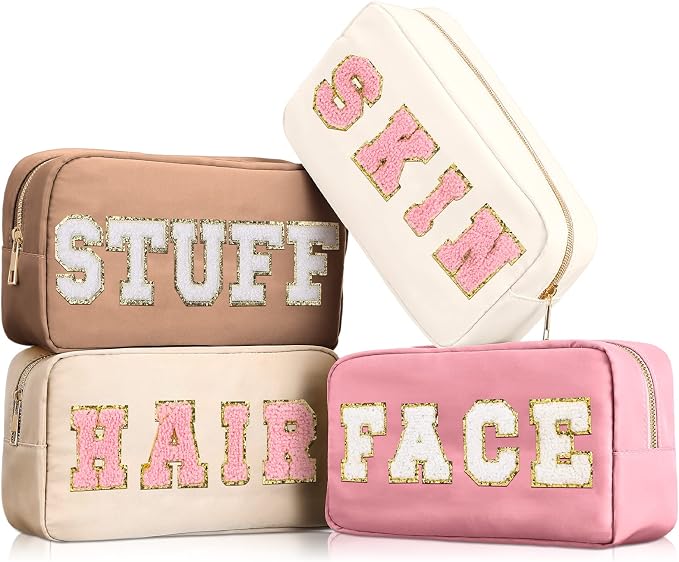 Preppy Makeup Bags Chenille Letter Stuff Bag Nylon Cosmetic Pouch Cases with Zipper for Women Travel Toiletry(Multi Colors,Classic,4 Pcs) by Cunno