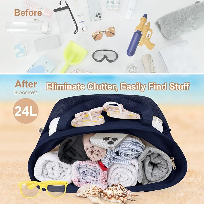 KABAQOO Large Beach Bag Waterproof Sandproof Tote Bag for Women with Zipper & Mesh Pockets for Pool Swim Travel Everyday | waterproof - Image 6