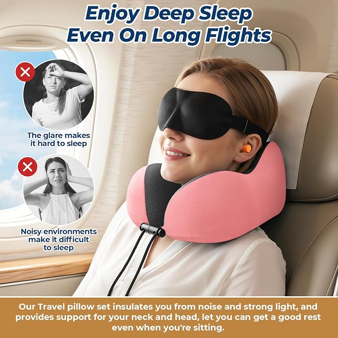 ExploreBliss Travel Pillow, Memory Foam Neck Pillow Airplane, Pink | Travel Pillows for Airplanes, Neck Pillow Airplane, Memory Foam Neck Pillow Set with Eye Mask, Earplugs - Image 5