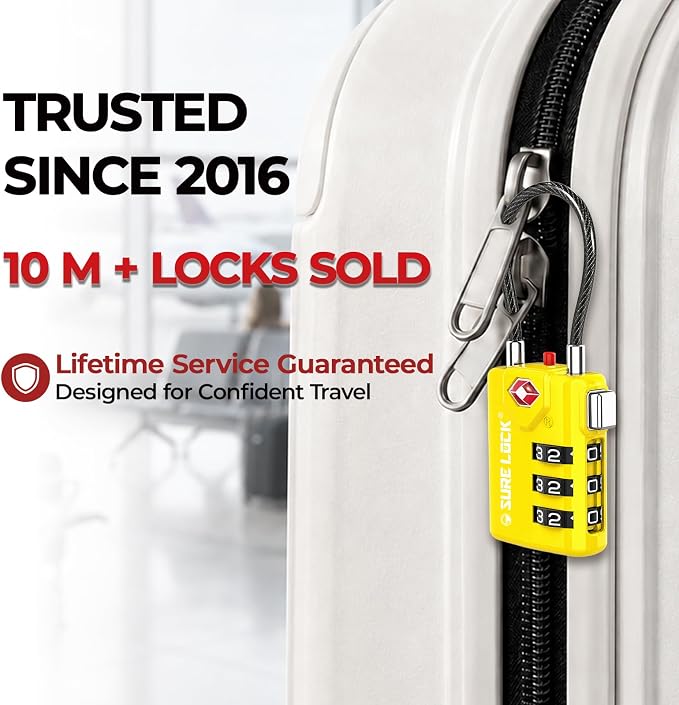 SURE LOCK TSA Approved Luggage Locks with Open Alert Indicator, 3 Digit Combination Cable Travel Lock for Suitcase, Backpack, Gym Locker, Toolbox & Travel Bag(2, Yellow) - Image 2
