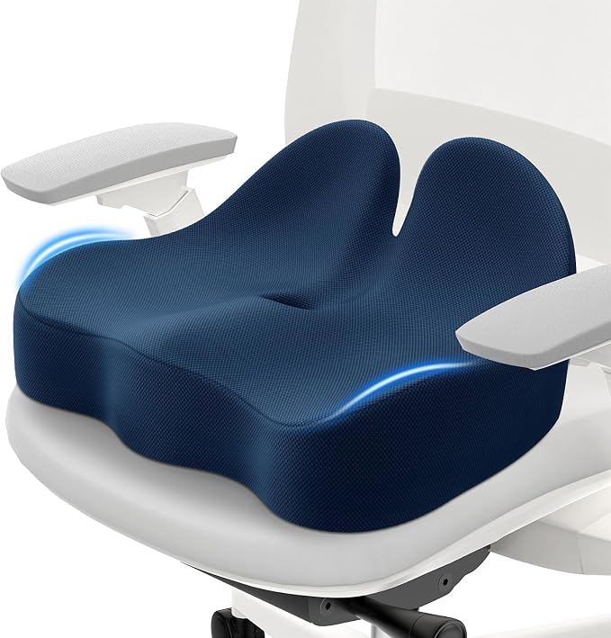 Memory Foam Seat Cushion, Ergonomic Office Chair Cushion for Long Sitting | Curved Tailbone Support Cushion for Car, Desk Chair and Wheelchair, Coccyx Comfort Pad with Breathable Cover, Blue by CushZone