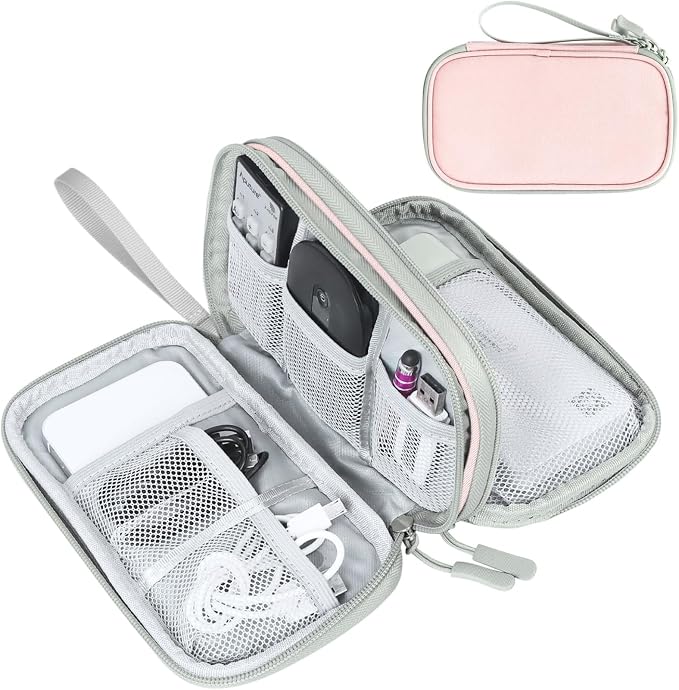FYY Electronic Organizer, Travel Tech Pouch Bag, Cable Organizer Light Pink | Wrist Strap, Waterproof, Double Layers Portable Electronics Travel Carrying Case for Cord, Charger, Daily Business Trips Use by FYY