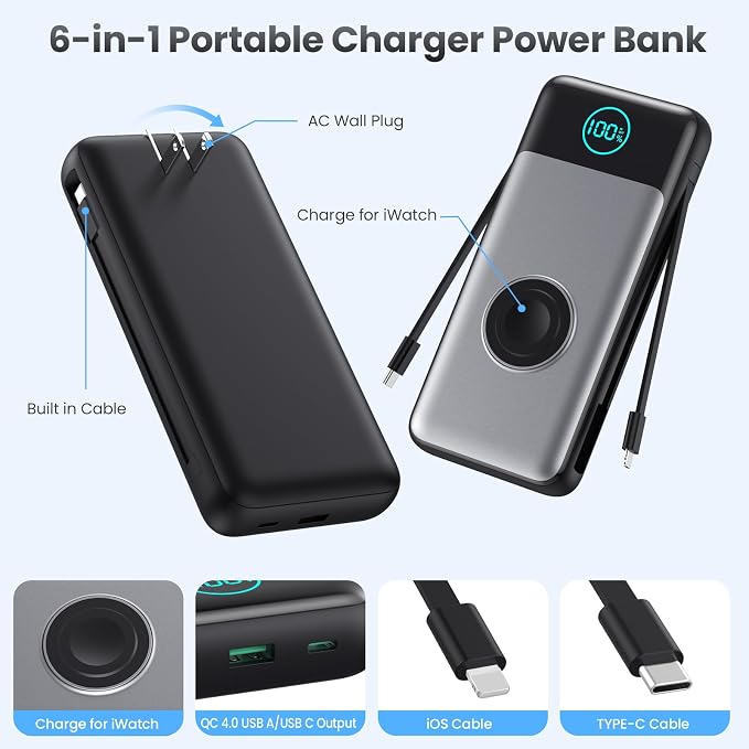 Portable Charger for iPhone with Built-in Cables and AC Wall Plug,26800mah Fast Charging USB C Power Bank,25W PD Travel Essential Battery Pack for iPhone 17/16/15/14/13,Galaxy,Apple Watch (Black) - Image 2