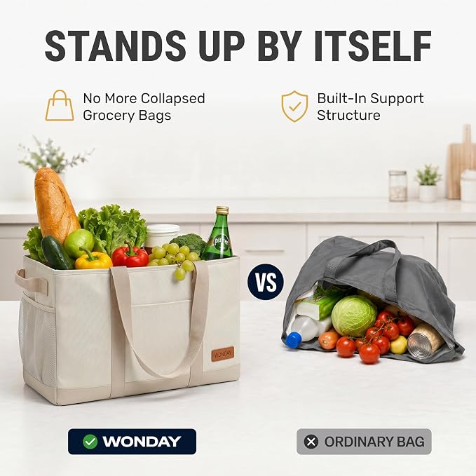 WONDAY X-Large Utility Tote Bag, Standing Reusable Grocery Bag | 22x11x13.5in, 50L capacity, holds 100lbs, collapsible, fabric with leather bottom, for beach travel storage - Image 3