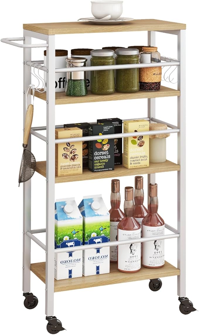 IBUYKE Slim Rolling Storage Cart, Kitchen Cart Utility Shelving UTMJ065R | 4-Tier, with Lockable Wheels,Handle&6 Hooks, 7.9" wide,for Kitchen, Laundry, Bathroom, Rustic Brown by IBUYKE