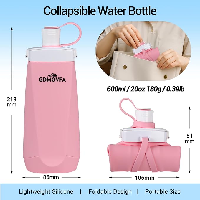 Collapsible Water Bottles,20oz Reusable Silicone Foldable Water Bottle,Portable Leak-proof Collapsible Water Bottle for Traveling Camping Hiking Cycling Yoga Sports Outdoor (Pink) - Image 2