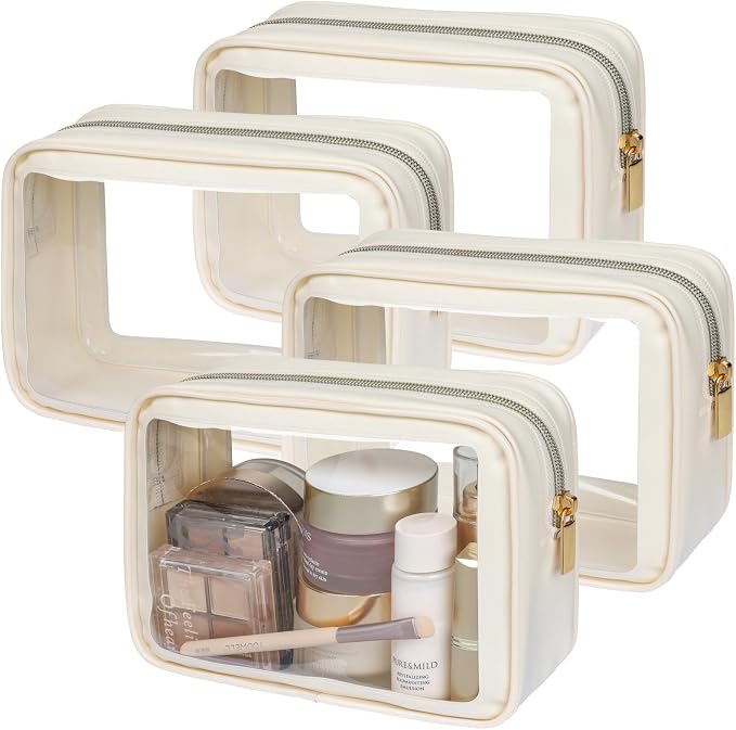 TSA Approved Toiletry Bag - Clear Makeup Bag Travel, 4 Medium Beige | Quart Size for Carry-On, Reinforced Seams, Water-resistant, Smooth Metal Zipper, Clear Easy-Check for Airport Hotels, Women by Packism