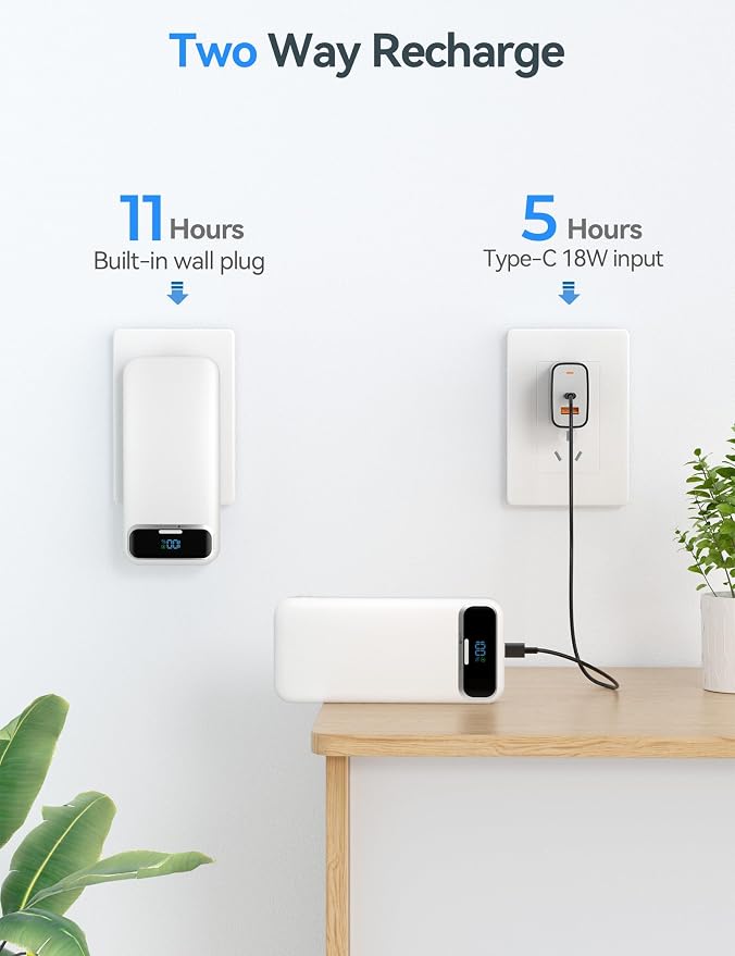 aonidi Portable Charger 20000mAh with Built-in Cables&AC Wall Plug, White | PD20W Fast Charging,Travel Essential,TSA Approved,LED Display,All in One USB C Power Bank for All Cell Phones Devices - Image 7