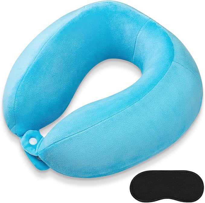 Travel Neck Pillow Comfort Memory Foam Neck Pillows for Airplanes Neck Support Pillow for Sleeping Traveling Trains Cars Offices Home Rest Blue by FEUFOAM