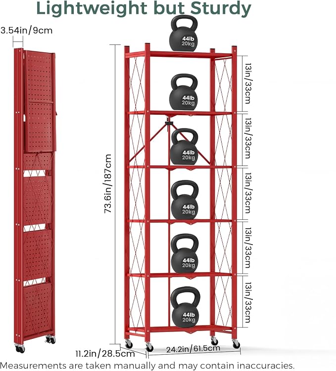 DEANIC 6-Shelf Folding Bookcase with Wheels, Heavy Duty Storage Shelves, Freestanding Metal Wire Shelving Unit for Living Room, Office, Kitchen, Basement, Pantry (Red 2 Pack) - Image 2