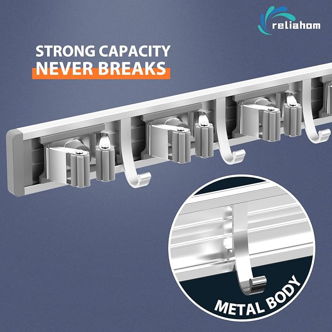 reliahom Broom Holder Wall Mount Mop Hanger Tools organizer 5Racks 4Hooks | Adjustable Mop Broom Wall Hanging Heavy duty Tools Storage Rack Space-saving for Garage,Kitchen,Laundry Room,Garden, Silver - Image 2