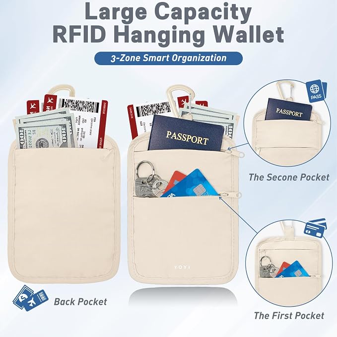 Anti-Theft Belt Waist Travel Wallet Hidden Passport 3-Zone Clip Carabiner | Water-resistant fabric with RFID blocking liner, fits passport, tickets, cards, and cash in 3 zones - Image 5