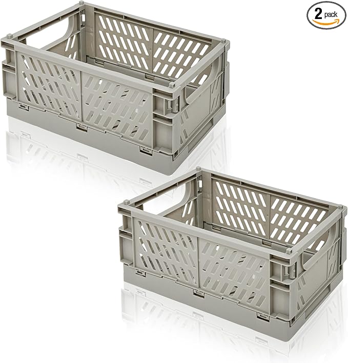 2 Pack Mini Foldable Small Plastic Baskets for Organizing and Storage，Collapsible Storage Crates,Mini Bins for Home Kitchen Bedroom Bathroom Office (Grey, Extra Large 16x11x6) by Daixers