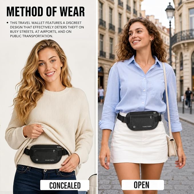 travel inspira RFID Hidden Money Belt Slim Anti Theft Travel Wallet | Passport Holder for Travel Concealed under Clothes for Ultimate Protection of Credit Cards, Cash, Passport & Documents, Black - Image 3