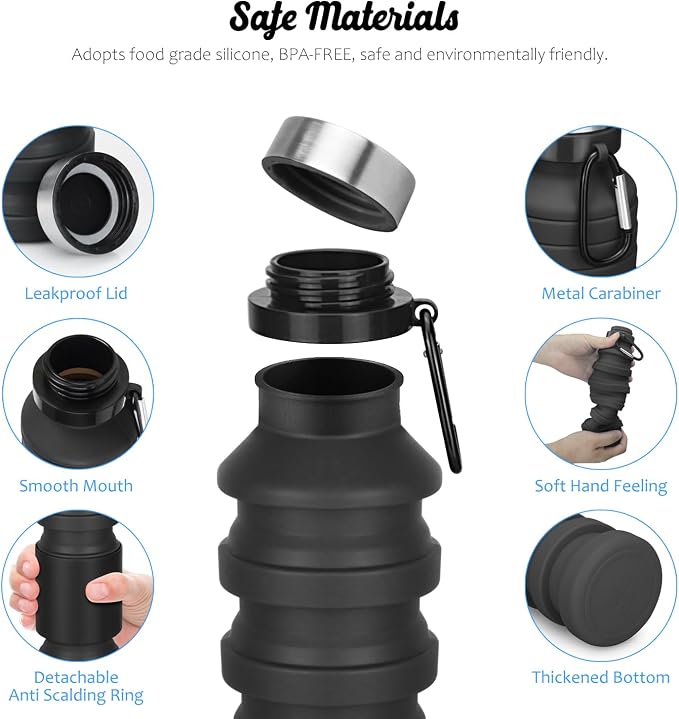 Nefeeko Collapsible Water Bottle, 18floz Reuseable BPA Free Silicone Foldable Bottles for Travel Gym Camping Hiking, Portable Leak Proof Sports Water Bottle with Carabiner | Foldable Water Bottles for Travel Gym Camping Hiking, Portable Leak Proof Spor... - Image 3