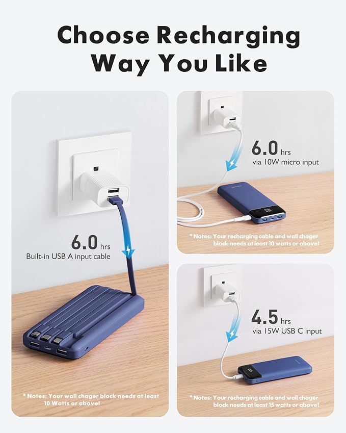 charmast Portable Charger Power Bank with Reinforced Built-in 4 Cables | 10000mAh,6 Outputs 3 Inputs,Travel Essentials,Carry-on Only,3A Fast Charging Portable Phone Charger for iPhone Samsung Pixel - Image 4