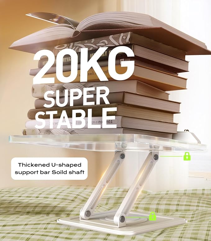 LOXP Ergonomic Book Stand for Reading, 360° Rotating Holder with Page Clip | Adjustable height angle, Hands-free, anti-slip base, Fits tablets cookbooks magazines laptops, wood and metal, Acrylic White - Image 6