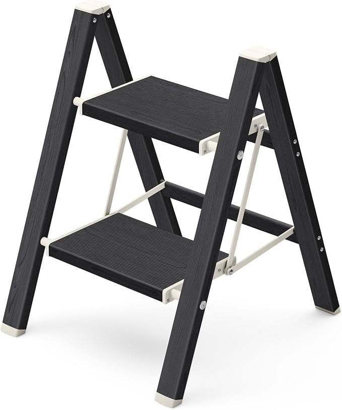 Mayi Plus 2 Step Stool Foldable, Aluminum, Lightweight Step Ladder | Extra-wide anti-slip folding steps with 330 lbs, for home,kitchen,office,outdoor,Ebony woodgrain by MAYIPLUS