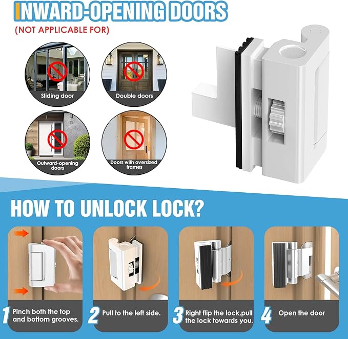 Upgraded Portable Door Lock for Travel & Home - No Drill Anti-Kick Door Reinforcement Lock with 800lbs Strength, Fits Inward Swing Doors, White - Image 5