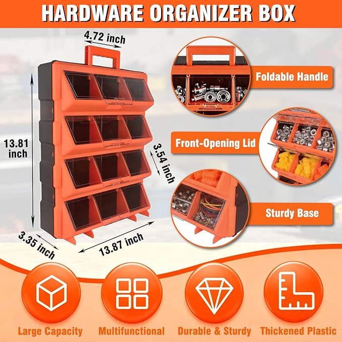 ULIBERMAGNET Tool Box Organizer,12-Compartment Portable Small Parts Organizer for Screws, Bolts,Nails,Washers, Wall-Mounted Hardware Storage Boxes for Garage, Truck, Workshop (Orange) - Image 2
