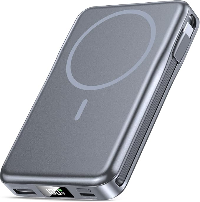 Magnetic Portable Charger 10000mAh, 20W Power Bank with Built in Cable | 20W Fast Charging for Magsafe Battery Pack with LED Display, Travel Essential for iPhone 17/16/15/14/13 Pro/Pro Max-SpaceGrey by Unknown