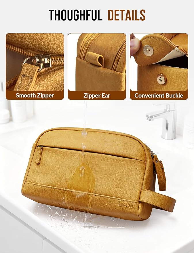 PU Leather Toiletry Bag for Men - Water Resistant Travel Bag for Toiletries, Bathroom Essentials, Accessories - Yellow - Image 5