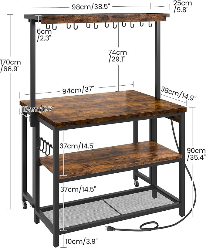 Kitchen Island with Power Outlet, Kitchen Island Table with Folding Top, Stationary Storage Islands, Coffee Bar with Outlets and USB Ports, for Dining Room, Rustic Brown and Black TZD01UBF - Image 5