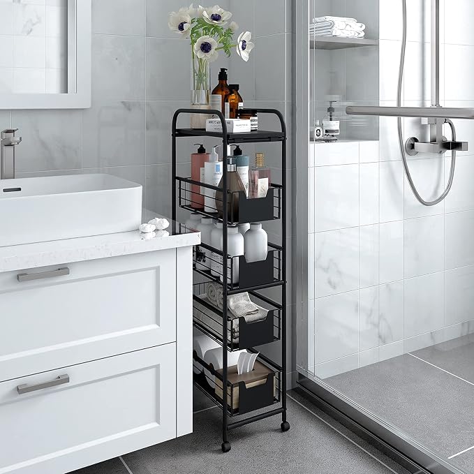 WHIFEA 5 Tier Slim Rolling Cart with Pull-Out Drawers, Multi-Layer Narrow Storage Shelf Organizer on Wheels, Metal Wire Baskets for Fruit, Dishes, Freestanding Unit for Kitchen, Bathroom, Home Office - Image 8
