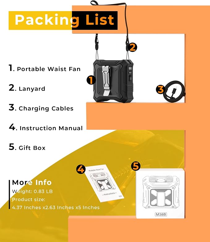 TUNISE Portable Fan with 5-Speed Settings, Dual-Sided Clip on Wearable Belt Waist Fan for 8000mAh, 2 Settings including Flashlight,Travel Essential for Outdoor Camping as Power Bank - Image 8