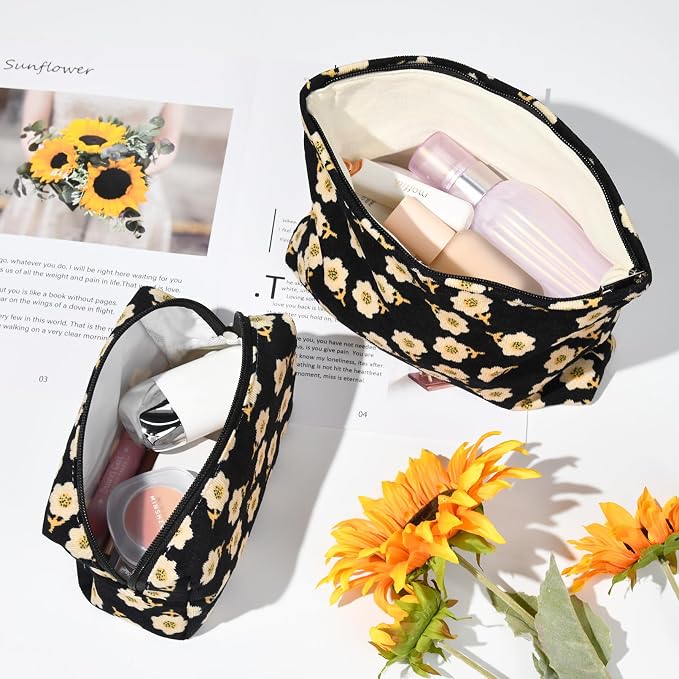 SOIDRAM 2 Pieces Flower Makeup Bag Large Cosmetic Bag Capacity Canvas Mix Travel Toiletry Bag Organizer Cute Makeup Brushes Aesthetic Accessories Storage Bag for Women, Flower Mix Black - Image 4